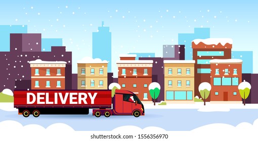 santa claus driving delivery semi truck with gift box container shipping transport for merry christmas happy new year snowy city street modern cityscape background horizontal vector illustration