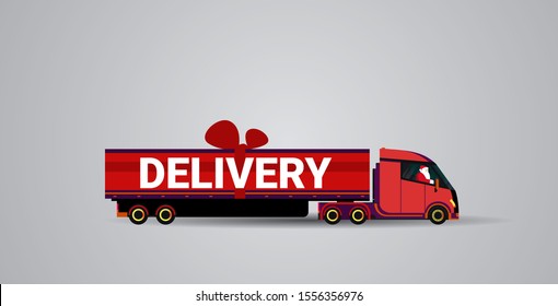 santa claus driving delivery semi truck with gift box container shipping transport for merry christmas happy new year winter holidays celebration concept horizontal vector illustration