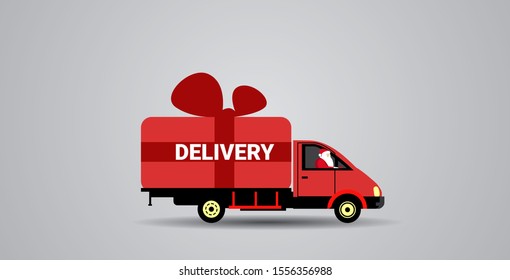 santa claus driving delivery van with gift box container shipping transport for merry christmas happy new year winter holidays celebration concept horizontal vector illustration