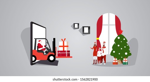 santa claus driving forklift with gift boxes from smartphone screen family using online mobile app transportation delivery concept christmas holidays celebration horizontal vector illustration