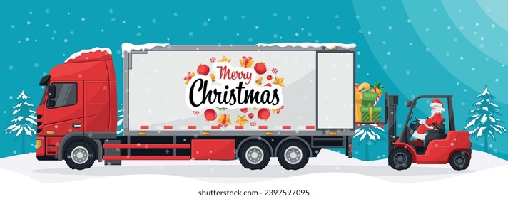 Santa Claus driving a forklift. Loading gifts to container truck. Christmas night landscape. Christmas campaign for cargo logistics and shipping of high demand merchandise for the Christmas season