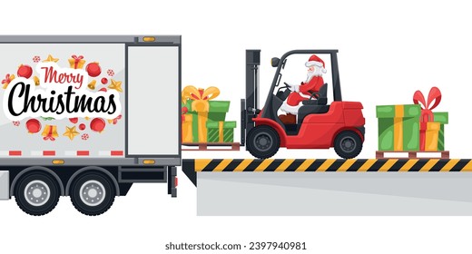 Santa Claus driving a forklift loading gifts to a container truck at the loading and unloading dock. Concept for cargo logistics and shipping of high demand merchandise for the Christmas season