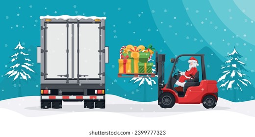 Santa Claus driving a forklift. Loading gifts to container truck. Christmas landscape. Christmas campaign for cargo logistics and shipping of high demand merchandise for the Christmas season