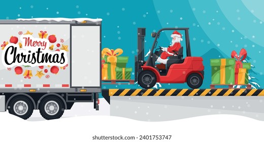 Santa Claus driving a forklift. Loading gifts to a container truck at the loading and unloading dock. Concept for cargo logistics and shipping of high demand merchandise for the Christmas season