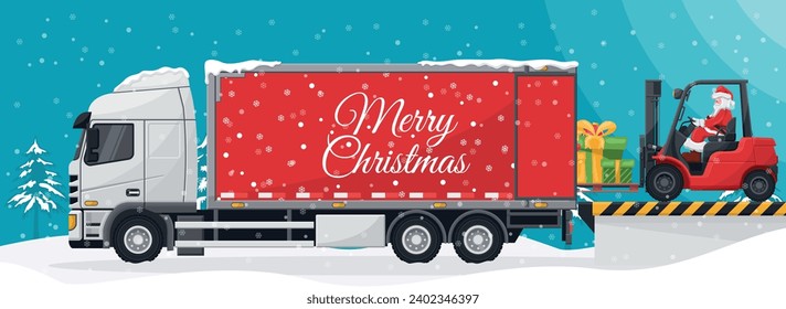 Santa Claus driving a forklift. Loading gifts to a container truck at the loading and unloading dock. Concept for cargo logistics and shipping of high demand merchandise for the Christmas season