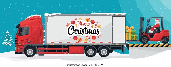 Santa Claus driving a forklift. Loading gifts to a container truck at the loading and unloading dock. Concept for cargo logistics and shipping of high demand merchandise for the Christmas season