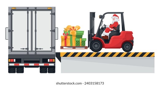Der Weihnachtsmann fährt einen Gabelstapler, der Geschenke an einen Containerwagen am Be- und Entladedock bringt. Konzept für die Frachtlogistik und den Versand von Waren mit hoher Nachfrage in der Weihnachtszeit
