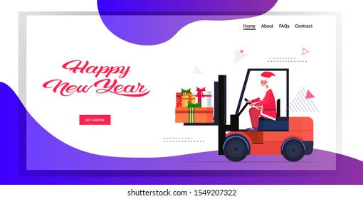 santa claus driving forklift truck loading colorful gift present boxes merry christmas happy new year holiday celebration concept horizontal copy space vector illustration