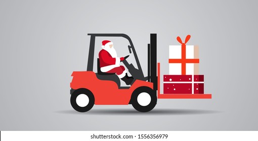 santa claus driving forklift truck loading colorful gift present boxes delivery and shipping concept merry christmas happy new year winter holidays celebration horizontal sketch vector illustration