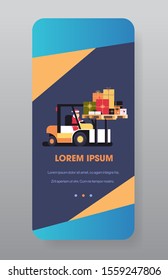 santa claus driving forklift truck loading colorful gift present boxes delivery shipping concept merry christmas happy new year winter holidays smartphone screen online mobile app vertical flat vector