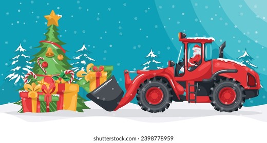 Santa Claus driving front loader carrying gifts to a Christmas tree. Christmas winter landscape with snow. Celebrating the beginning of a happy new year. Heavy machinery in the construction industry