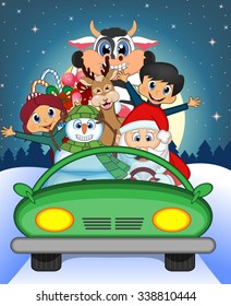 Santa Claus Driving a Green Car Along With Reindeer, Snowman, Children, and Full Moon At Night Brings Many Gifts Vector Illustration