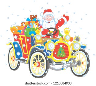 Santa Claus driving his car with Christmas gifts, vector illustration in a cartoon style