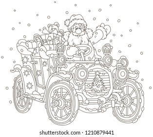 Santa Claus driving his car with Christmas gifts, black and white vector illustration in a cartoon style for a coloring book