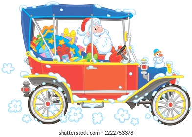 Santa Claus driving his car with Christmas gifts, vector illustration in a cartoon style