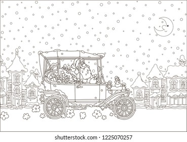 Santa Claus driving his car with Christmas gifts along a snow-covered town street, black and white vector illustration in a cartoon style for a coloring book