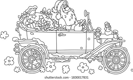 Santa Claus driving his car with Christmas gifts