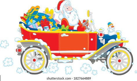 Santa Claus driving his old car with Christmas gifts for children, vector cartoon illustration on a white background