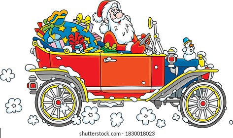 Santa Claus driving his old car with Christmas gifts for children