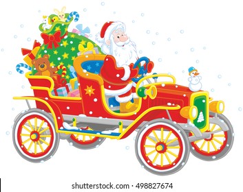 Santa Claus driving his old car with a big bag of Christmas gifts