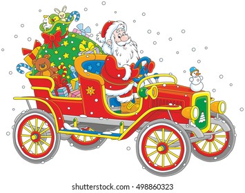 Santa Claus driving his old car with a big bag of Christmas gifts