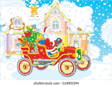 Santa Claus driving his old car with a big bag of Christmas gifts