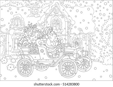 Santa Claus driving his old car with a big bag of Christmas gifts