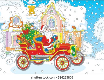 Santa Claus driving his old car with a big bag of Christmas gifts