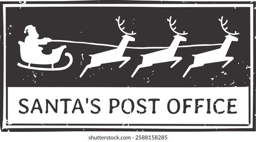 Santa Claus is driving his sleigh pulled by three reindeer, flying over a snowy landscape at night, with the writing Santa s post office below, in a vintage Christmas postcard style