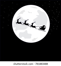 Santa Claus driving his sleigh with the moon as the background