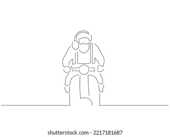 Santa Claus driving a motorcycle in line art drawing style. Composition of a christmas scene. Black linear sketch isolated on white background. Vector illustration design.