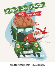 Santa Claus driving an old car. Christmas greeting card \ background \ poster. Vector illustration.