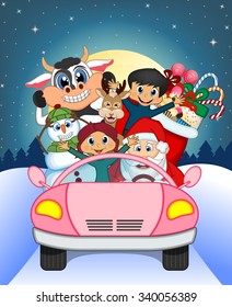 Santa Claus Driving a Pink Car Along With Reindeer, Snowman And Brings Many Gifts With Full Moon At Night Background For Your Design Vector Illustration