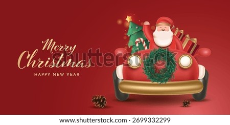 Santa Claus driving a red car with Christmas tree and gifts, festive holiday greeting background illustration. Christmas Poster Design Vector Illustration