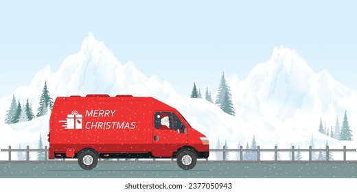 Santa Claus driving a red courier van under the snow and carrying Christmas gifts, isolated on white vector illustration.
