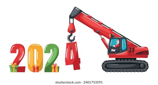 Santa Claus driving red crawler or chain telescopic crane placing the year 2024. Merry christmas. Celebrating the beginning of a happy new year. Heavy machinery used in the construction industry