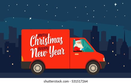 Santa Claus is driving red delivery van in the night city. Product goods shipping transport for New Year and Merry Christmas. Flat vector color illustration for poster, gritting card