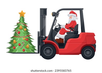 Santa Claus driving a red forklift loading a Christmas tree. Safety when handling forklifts. Christmas campaign for cargo logistics and shipping of high demand merchandise for the Christmas season