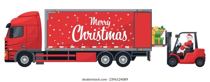Santa Claus driving a red forklift loading gift boxes into a container truck for distribution. Christmas campaign for cargo logistics and shipping of high demand merchandise for the Christmas season
