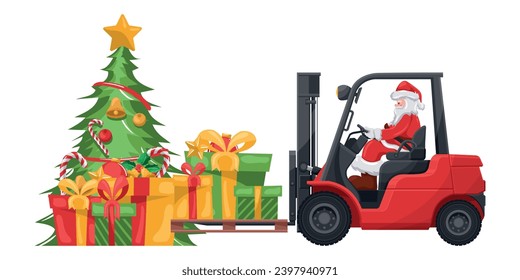 Santa Claus driving a red forklift. Christmas tree, gift boxes and candy canes. Christmas campaign for cargo logistics and shipping of high demand merchandise for the Christmas