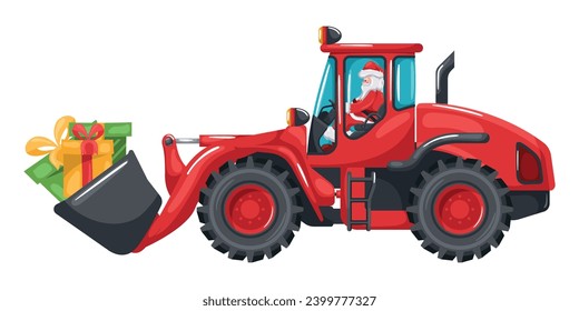 Santa claus driving red front loader carrying gift boxes celebrating a merry christmas. Heavy machinery used in the construction and mining industry