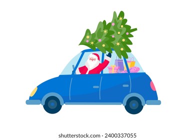 Santa Claus driving retro car with Christmas tree and presents. Vector isolated color illustration in flat style.