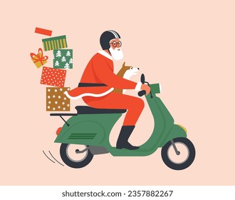 Santa Claus driving scooter delivering gifts merry christmas happy new year holidays celebration concept winter cityscape background horizontal vector illustration