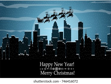 Santa Claus driving in a sledge. Christmas winter city street  and Santa Claus driving in a sledge. concept for greeting and postal card, invitation, template, vector illustration