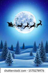 Santa Claus driving in a sledge over the winter forest, on the background of the full moon. EPS 10 contains transparency.