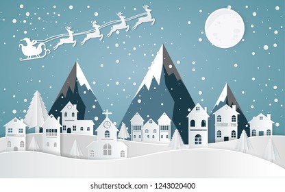 Santa Claus Driving in a Sledge ,winter with homes and snowy paper art . beautiful scenery in the  design  vector