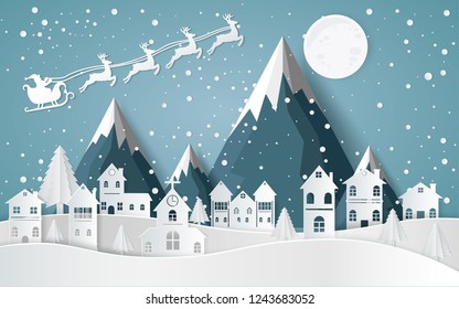 Santa Claus Driving in a Sledge ,winter with homes and snowy paper art . beautiful scenery in the  design  vector