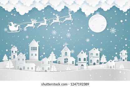 Santa Claus Driving in a Sledge ,winter with homes and snowy paper art . beautiful scenery in the  design  vector