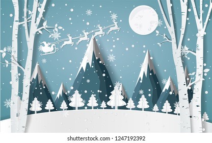 Santa Claus Driving in a Sledge ,winter with homes and snowy paper art . beautiful scenery in the  design  vector