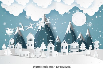 Santa Claus Driving in a Sledge ,winter with homes and snowy paper art . beautiful scenery in the  design  vector 